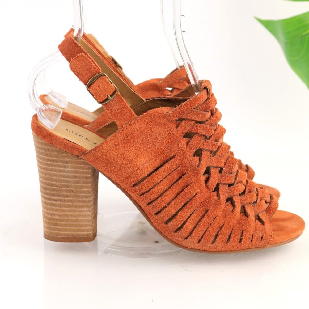 Lucky Brand Womens Yvette Sandal Size 8.5 Orange Suede Block Heel Slingback Shoe